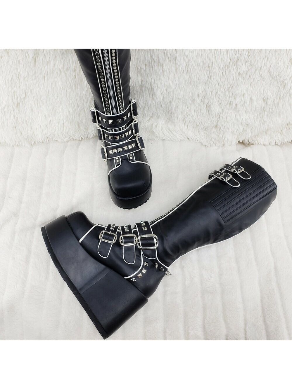 NIB DEMONIA Concord Black Platform Rose Goth Studded Knee Boots 4" Wedge - Picture 2 of 12